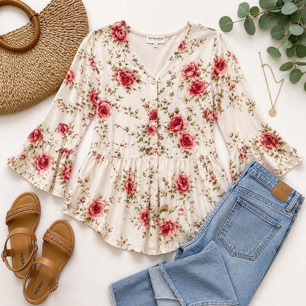 Pyramid Collection Small Floral Floral Bell Sleeve Blouse Cottagecore Casual